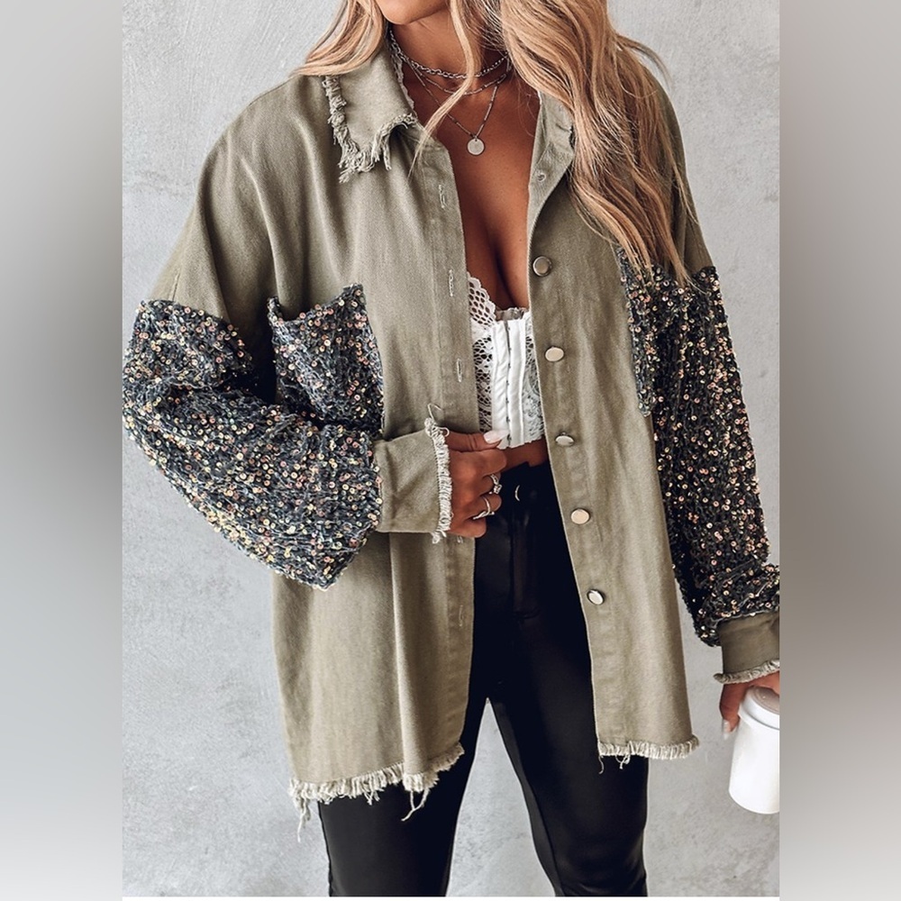 Chicme-Stylish Beige Jacket Top with Sequin Sleeves SZ XL